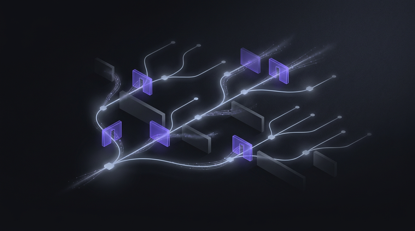 Illustration abstraite en réseau de nœuds pour l'article : Robots.txt et crawlers IA : quelle stratégie adopter ?